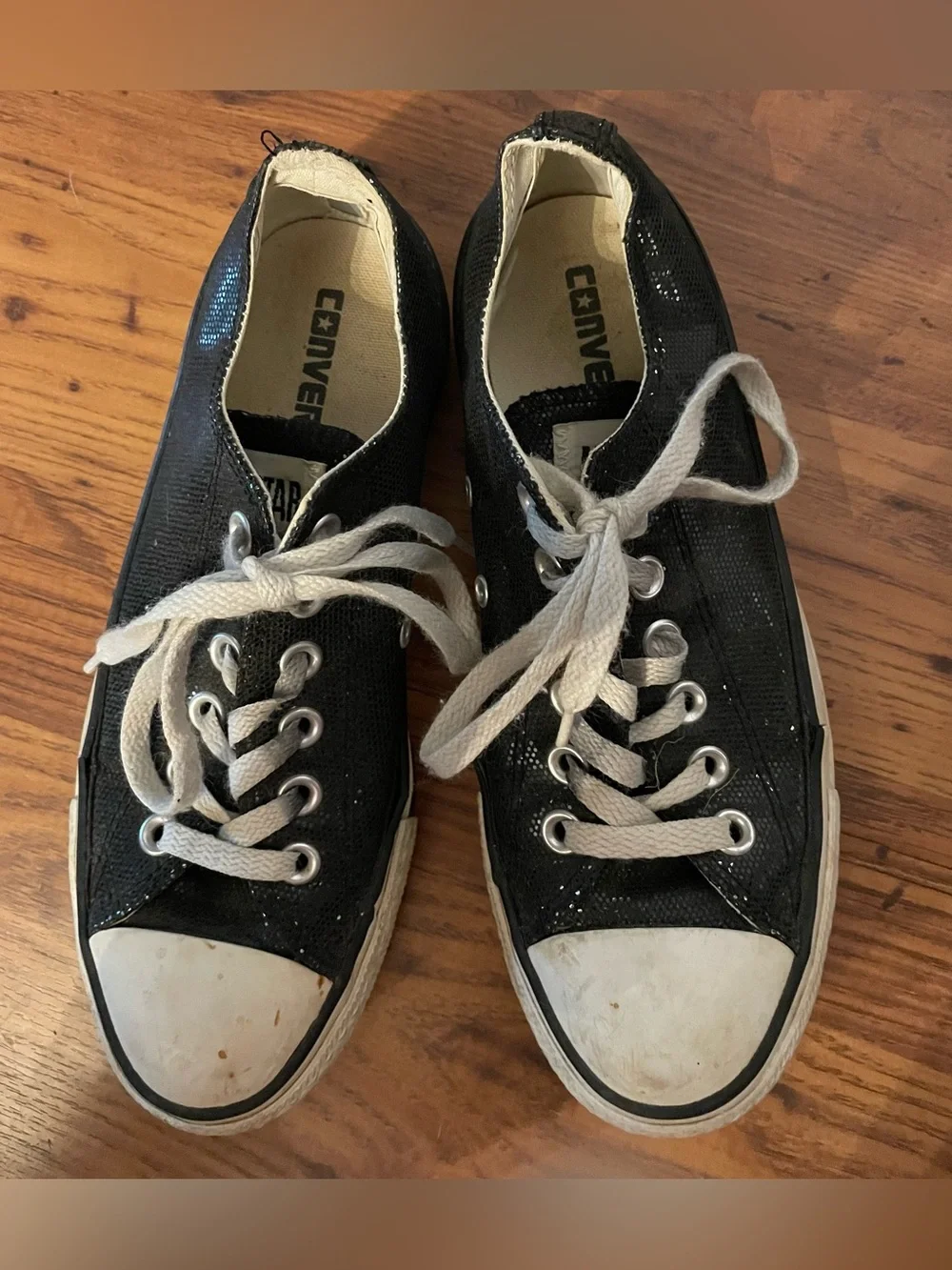 Converse All Star Black Glitter Sparkle Low-Top Canvas Sneakers White Laces 7